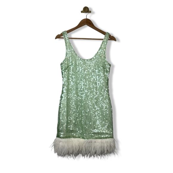 Likely Green Sequin Feather Trim Mini Party Dress S - Picture 1 of 3